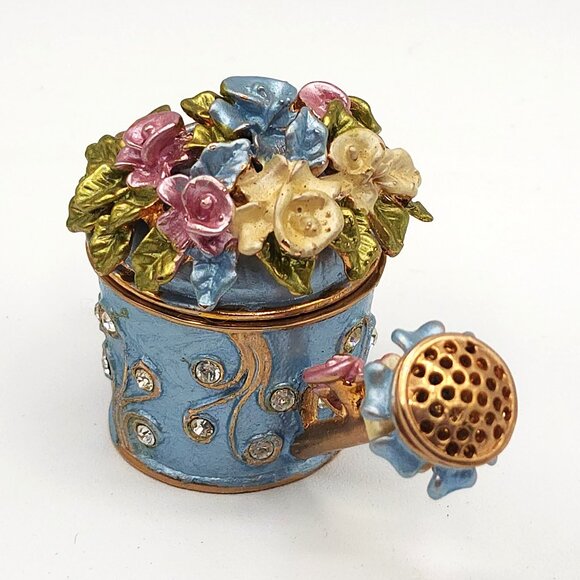 Watering Can Trinket Box Vintage Unsigned Rhinestones Flowers Magnetic Closure - Picture 5 of 9
